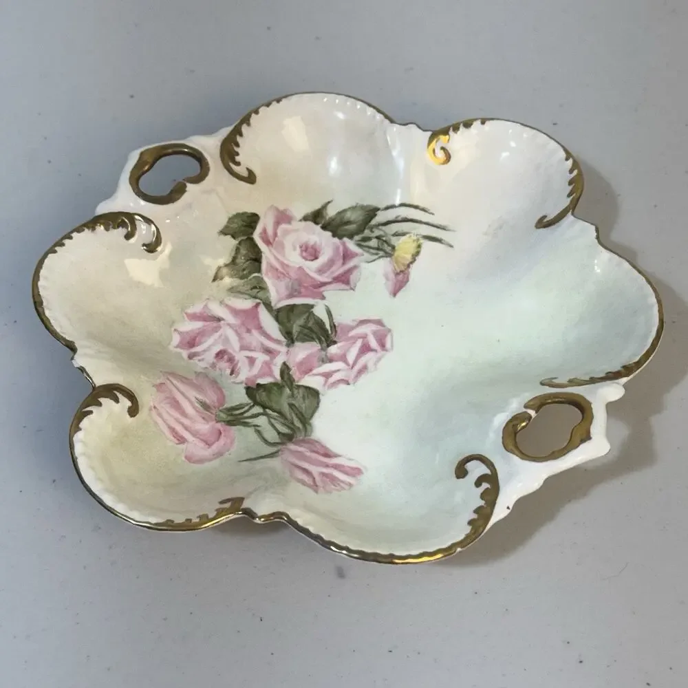 Early 20th Century Antique Hand Painted Roses Gold Gilt Porcelain Trinket Tray